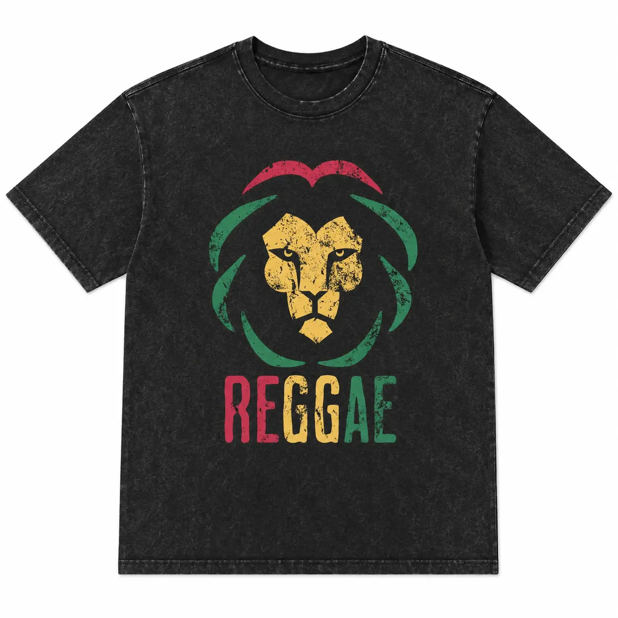 Reggae Lion Rasta Colors Graphic T-Shirt - Vintage Washed Black Cotton Tee - Jamaican Music Festival Streetwear - Retro Rastafarian Apparel - Unisex Casual Oversized Top - Trendy Music Fan Fashion Gift for Men Women  3459
