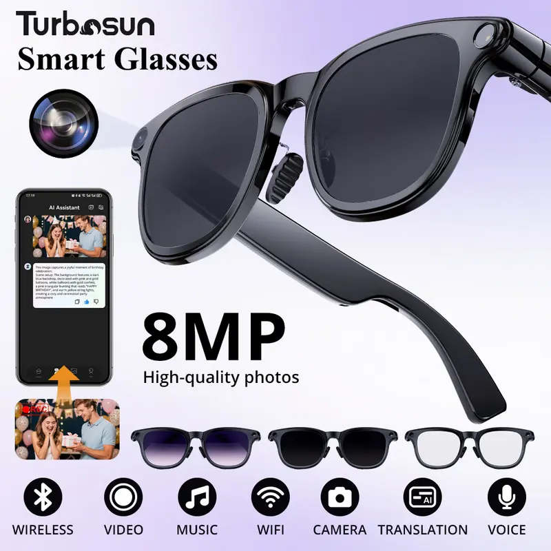 Turbosun A2 AI Wearable Smart Glasses with Camera - 8MP Lens, 2K Anti-Shake Video, Real-Time Voice Translation, ChatGPT Integration, Bluetooth Audio, Touch+Button Control, Sun/Clear Lens Swap, WiFi, AI Intelligent Visual Recognition, for Men, Running