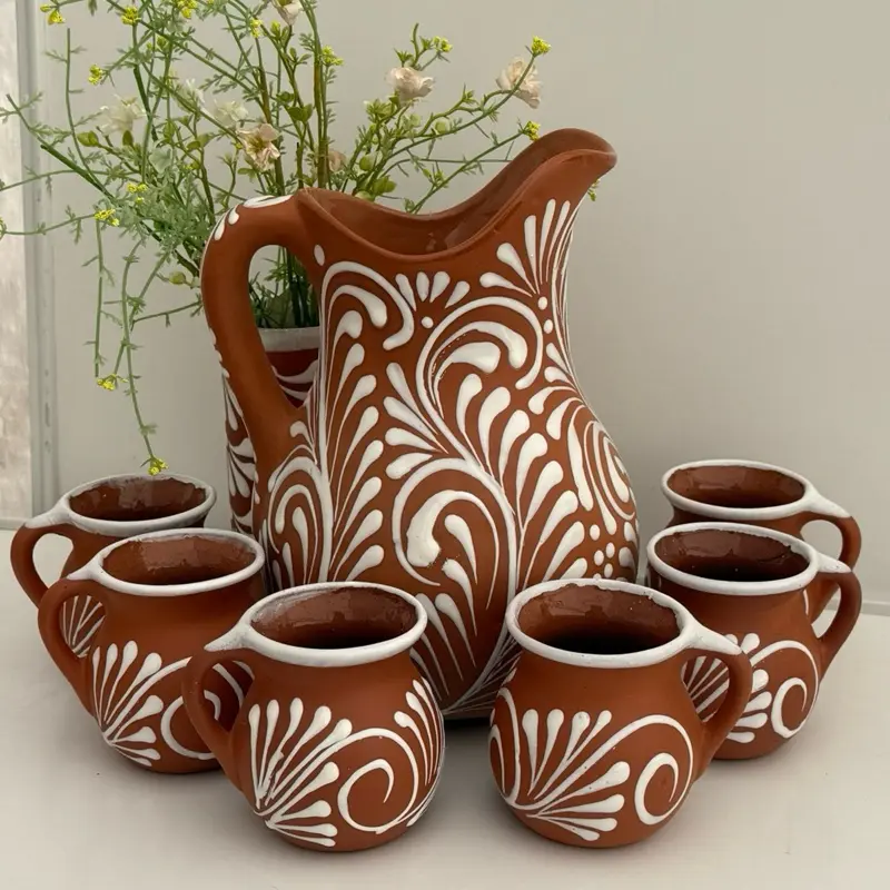 Cielito Lindo pitcher and mugs gift set. Table gift set. Juego Barro white. Drinkware