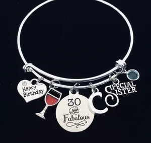 30th Birthday Sister Bracelet – Silver Expandable Bangle with “30 and Fabulous” Charm, Wine Glass, Initial and Birthstone