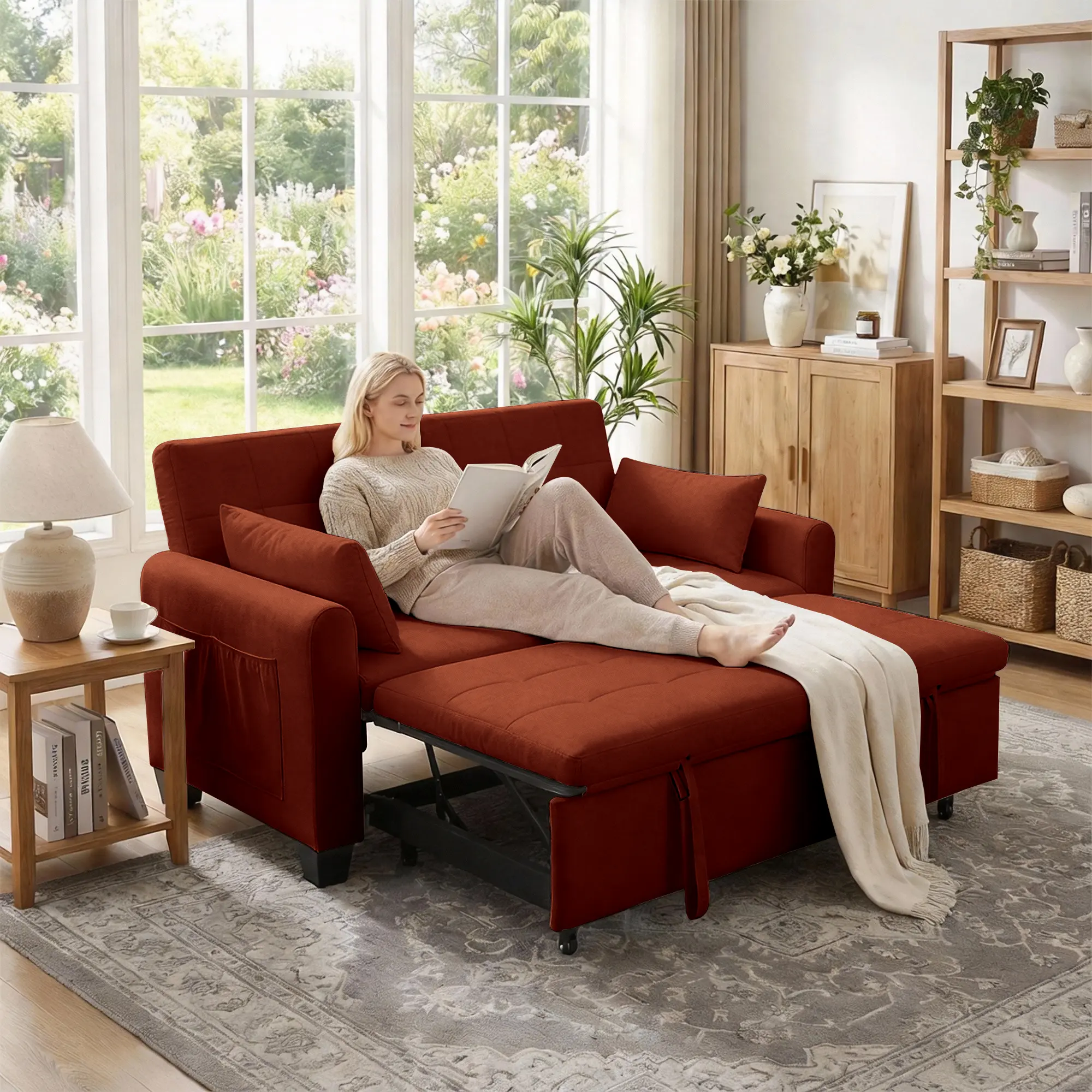 Queen Size 3-in-1 Convertible Sleeper Sofa Bed Futon Couches with Pullout Bed 2-Seater Loveseat Adjustable Backrest Toss Pillows for Living Room Apartment Storage