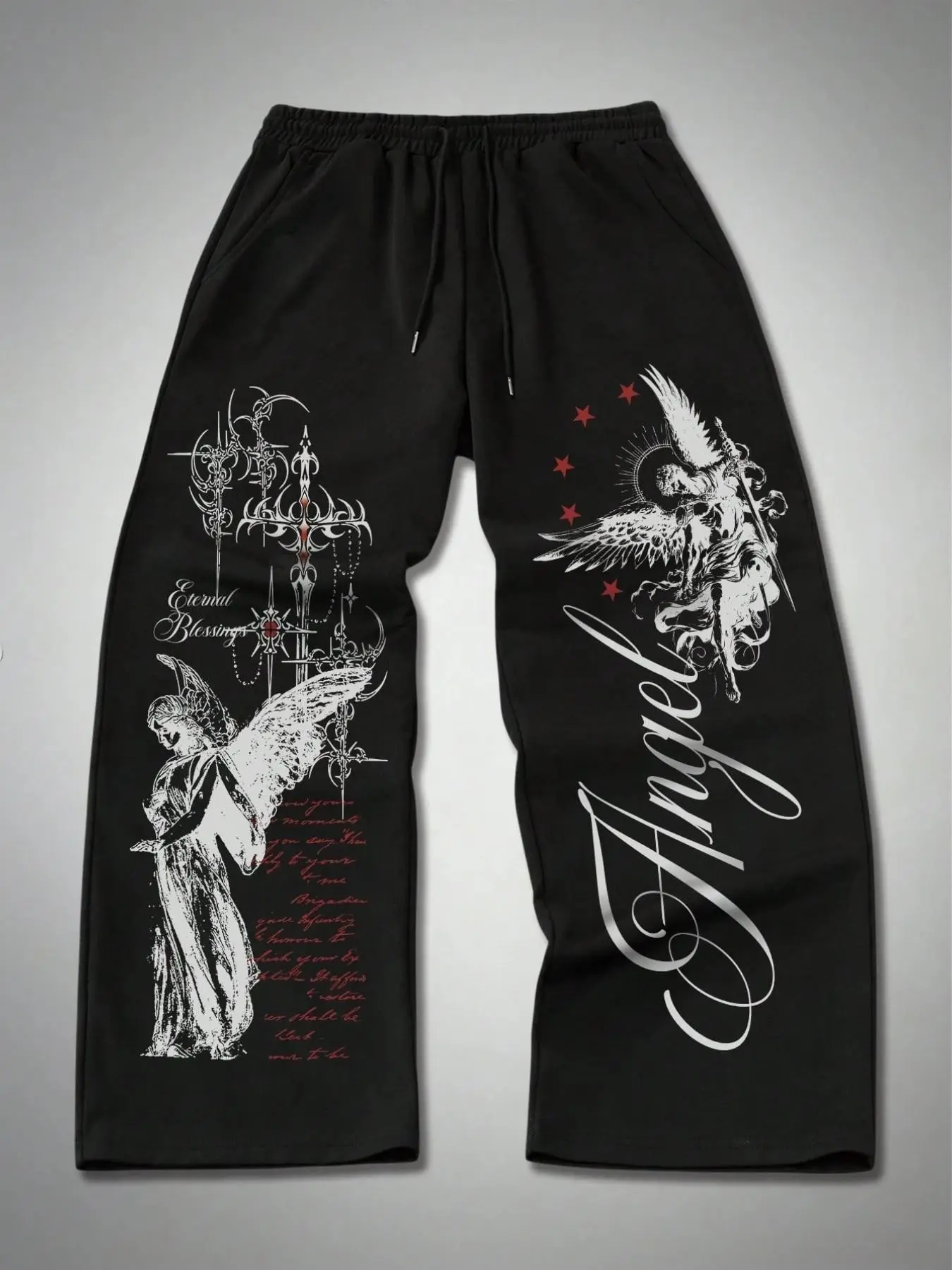 Unisex streetwear style, "Angel" Gothic Angel print wide-leg sweatpants, Y2K distressed streetwear look, dark aesthetic pants, Bottom, drawstring waistband, comfortable black pants, Casual streetwear pants, Casual streetwear trousers