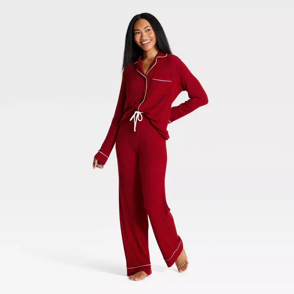 Women's Cozy Ribbed Notch Collar Long Sleeve Shirt and Pants Pajama Set - Auden Red S