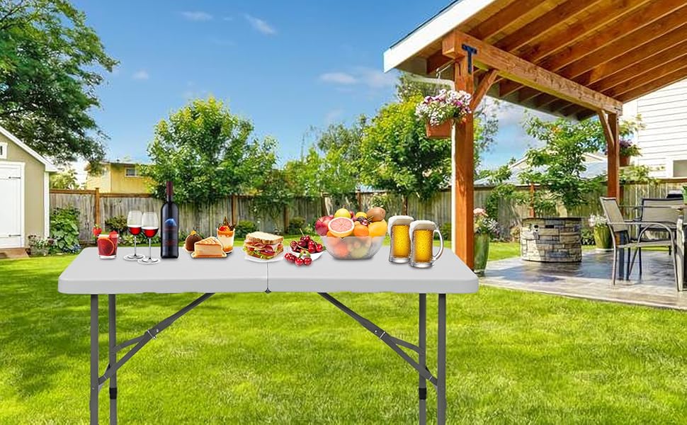 VINGLI 4 FT Plastic Folding Camping Table,3-Level Adjustable Height, Portable in/Outdoor Party Picnic Dining Desk,Off-White Garden Soccer Multipurpose Entertaining Activities, Black,White