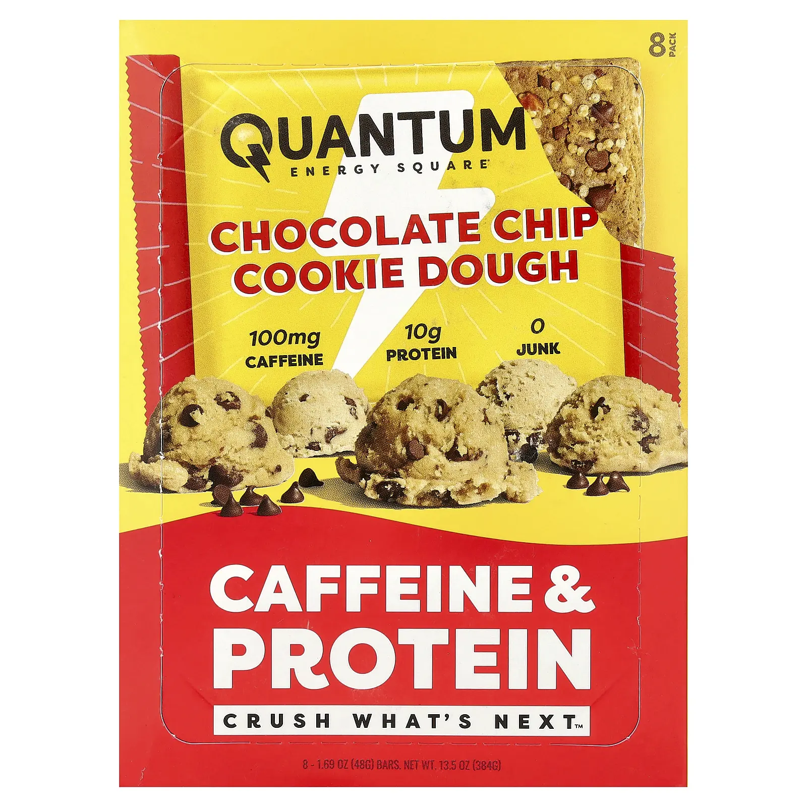 Quantum Energy Square Caffeine & Protein Bar, Chocolate Chip Cookie Dough, 8 Bars, 1.69 oz (48 g) Each
