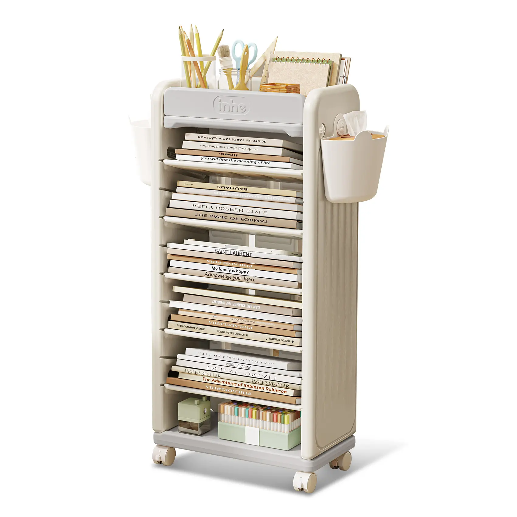 UNICOO 7 Tier Book Cart | Mobile Bookshelf, Rolling Storage Cart & Mobile Organizer, Lightweight Book Carts with Wheels and Tiered Cart w/Shelving for Home, Office, & Classroom