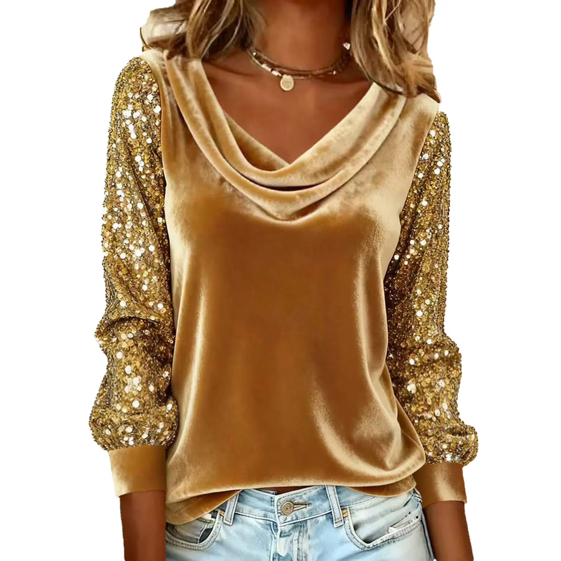 MULLVEIG Women's Cowl Neck Velvet Blouse - Champagne Gold, Sequin Accents, Full Sleeves, Mid-Length Puff Sleeve, Shiny Metallic, Dressy Festival Top for Holiday Party Cocktail, Fall Womenswear