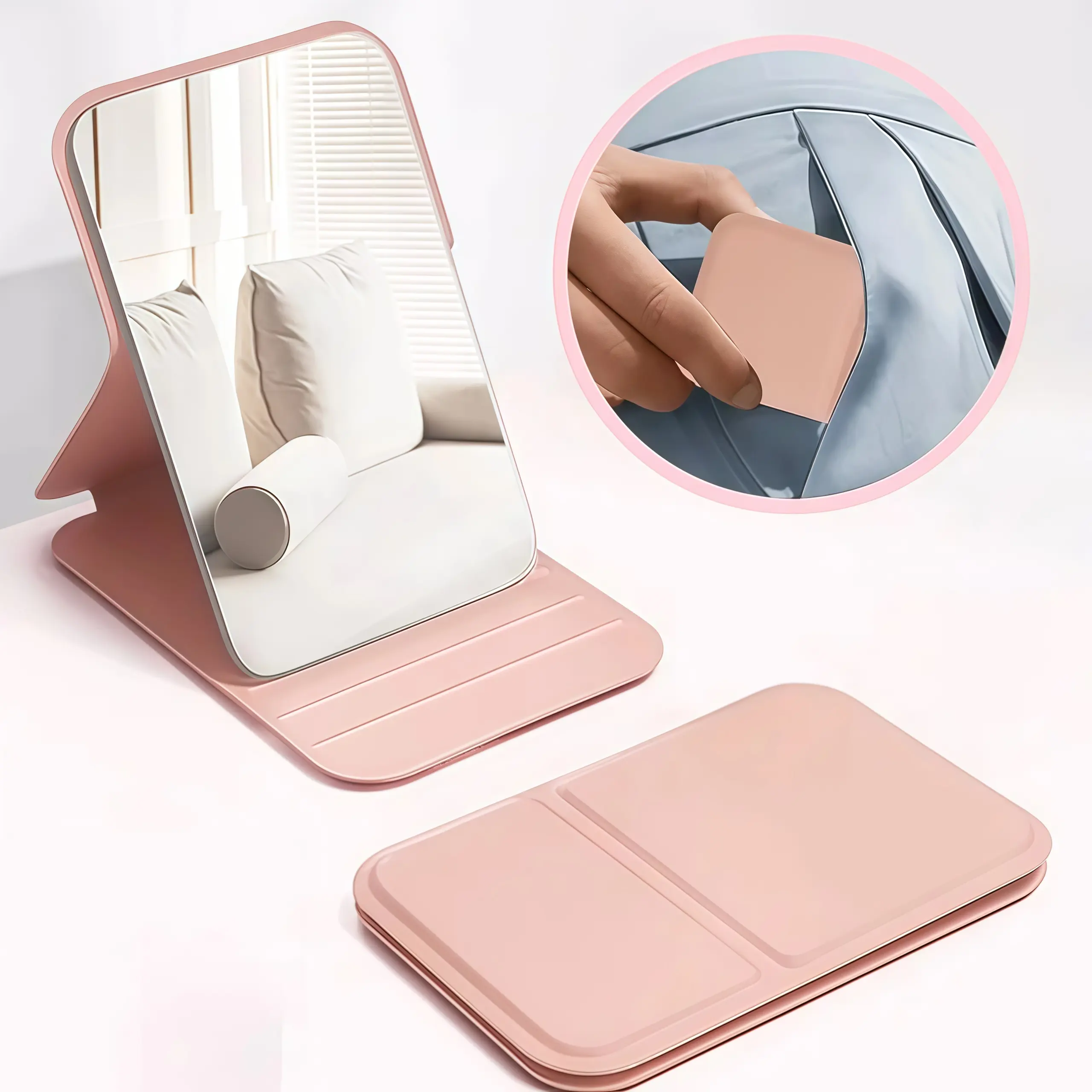 1pcs pink desktop folding mirror, personalized folding portable small mirror, women's mini desktop makeup mirror with holder - synthetic leather travel companion, perfect gift for holidays and travel essentials
