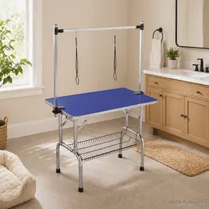 42'' Heavy-Duty Blue Dog Grooming Table with Adjustable Arm, Secure Clamping, MDF Top, Ribbed Surface and Easy Cleaning Feature