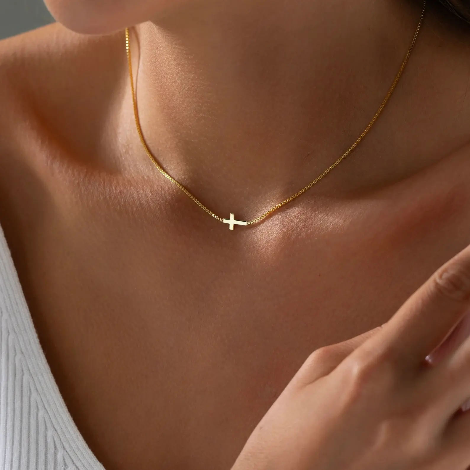 ROTNSO 14K Gold Plated & Silver O-Chain & Box Chain Cross Necklace Collection - Zircon Cross, Arrow Zircon Cross & Horizontal Cross Options - Adjustable Chains - Hypoallergenic Jewelry