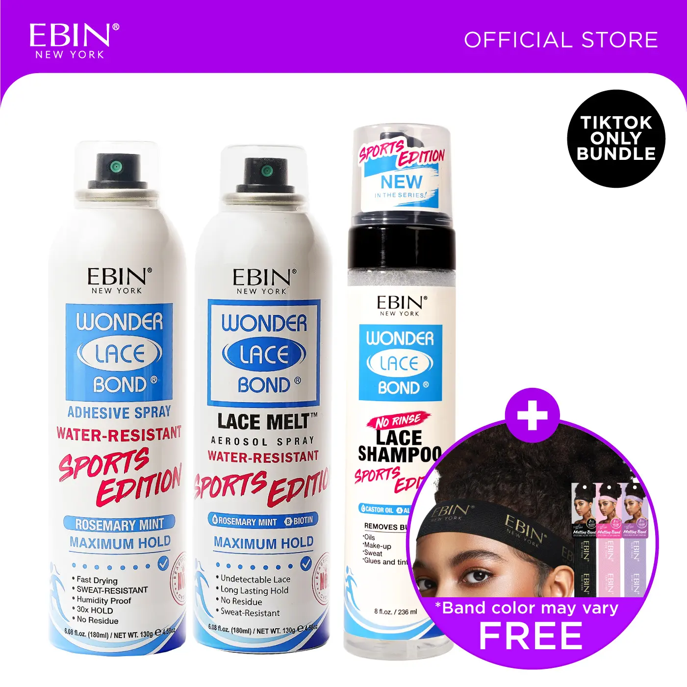 EBIN Sports Edition Adhesive Spray + Melt Aerosol Spray + Lace Shampoo Bundle With FREE Melting Band | Maximum Hold, Water Resistant, Rosemary Mint