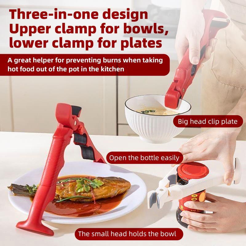 3-in-1 Dual Head Hot Plate Gripper – Anti-Scald Clip & Heat Resistant Silicone Kitchen Tool for Bowls, Plates, Steamers, Ovens & Microwaves. Built-in Lock & Bottle Opener, Compact Multi-Purpose Kitchen Gadget. Utensils