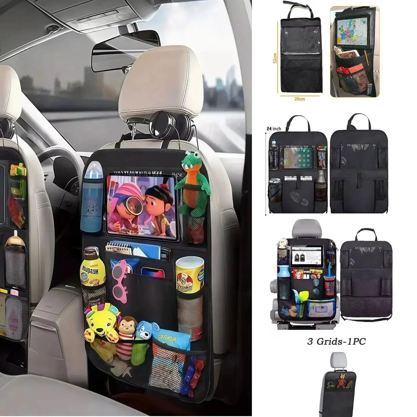 Car Seat Organizer, Multifunctional Oxford Fabric Car Back Storage Bag with Tablet Holder, Kid-Friendly Anti-Kick Protector