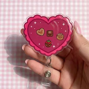 Kawaii Dessert Shaker Valentine Badge Reel | Pink Glitter Heart Nurse ID Holder