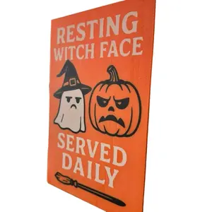 Halloween Sign 8x6.5 Plastic Coffee Station Decor Resting Witch Face Served Daily with Skeleton & Pumpkin Designs for Spooky Fun Festive Atmosphere Kitchen Retro Decoration Room Signage