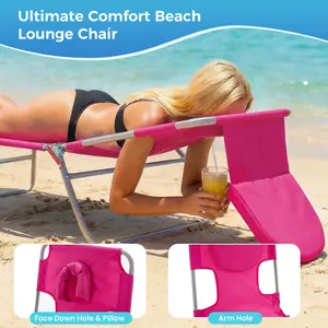 Tanning Chair, Folding Adjustable Patio Lounge Chair with Face Hole Carry Strap, Outdoor Sunbathing Chair, Lightweight Portable Beach Lounge Chair, No Assembly