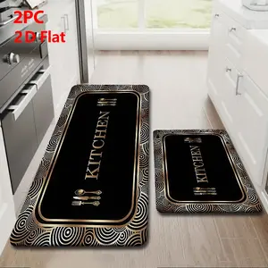 2pcs/3pcs Flannel Kitchen Mat Set, Base with 'kitchen' Text, Vintage Spiral Border, Non-Slip, Absorbent