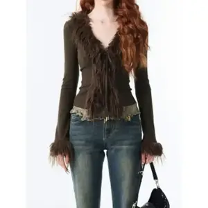 aesthetic V-neck jacket women Korean sexy fashion cardigan Harajuku vintage bandage fur patchwork coat 2024 spring chic Womenswear Tops timeless wardrobe Outerwear Casual