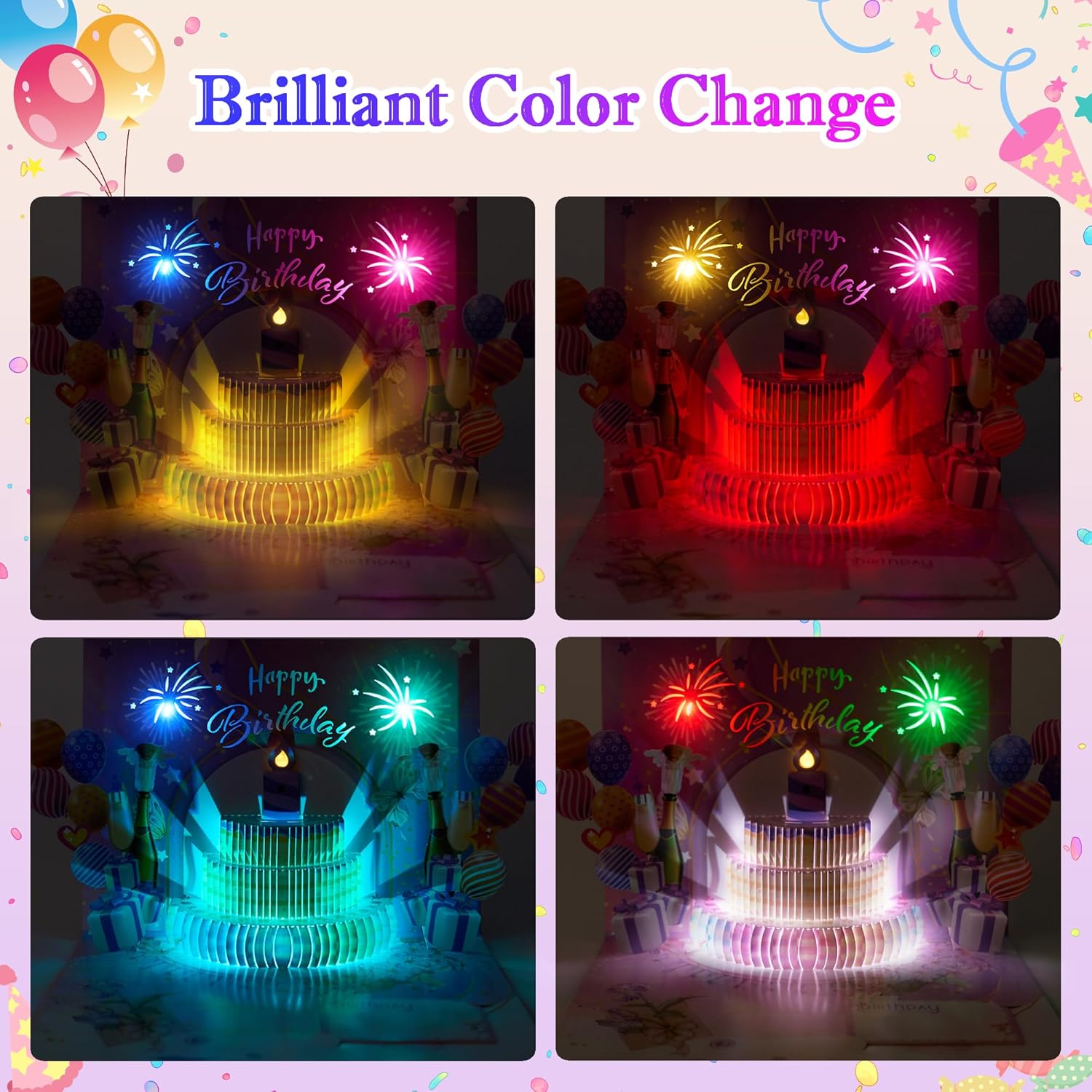 3D Pop Up Happy Birthday Card with LED Lights & Music, Light Up Musical Greeting Card, 3D Cake & Fireworks Design, Birthday Gift for Women Men Friends Family, Decorative Birthday Card for Birthday Celebration Party