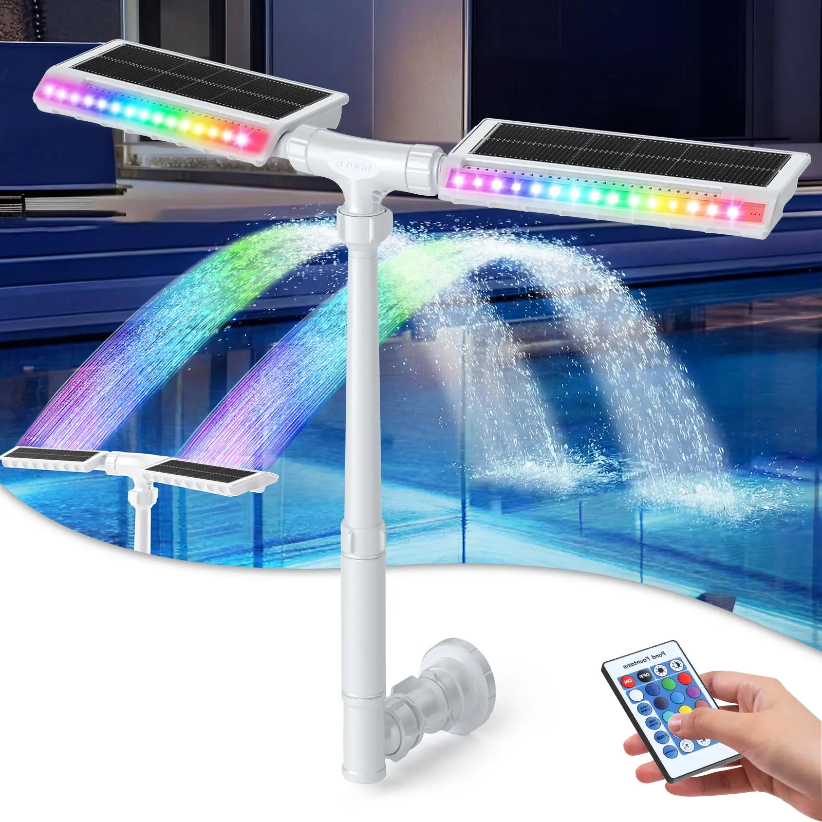 Extended Solar Pool Fountain – Remote-Controlled, 10-Color LED, Dual Adjustable Sprinklers, 4 Dynamic Modes, Auto On/Off, Above/Inground Pools