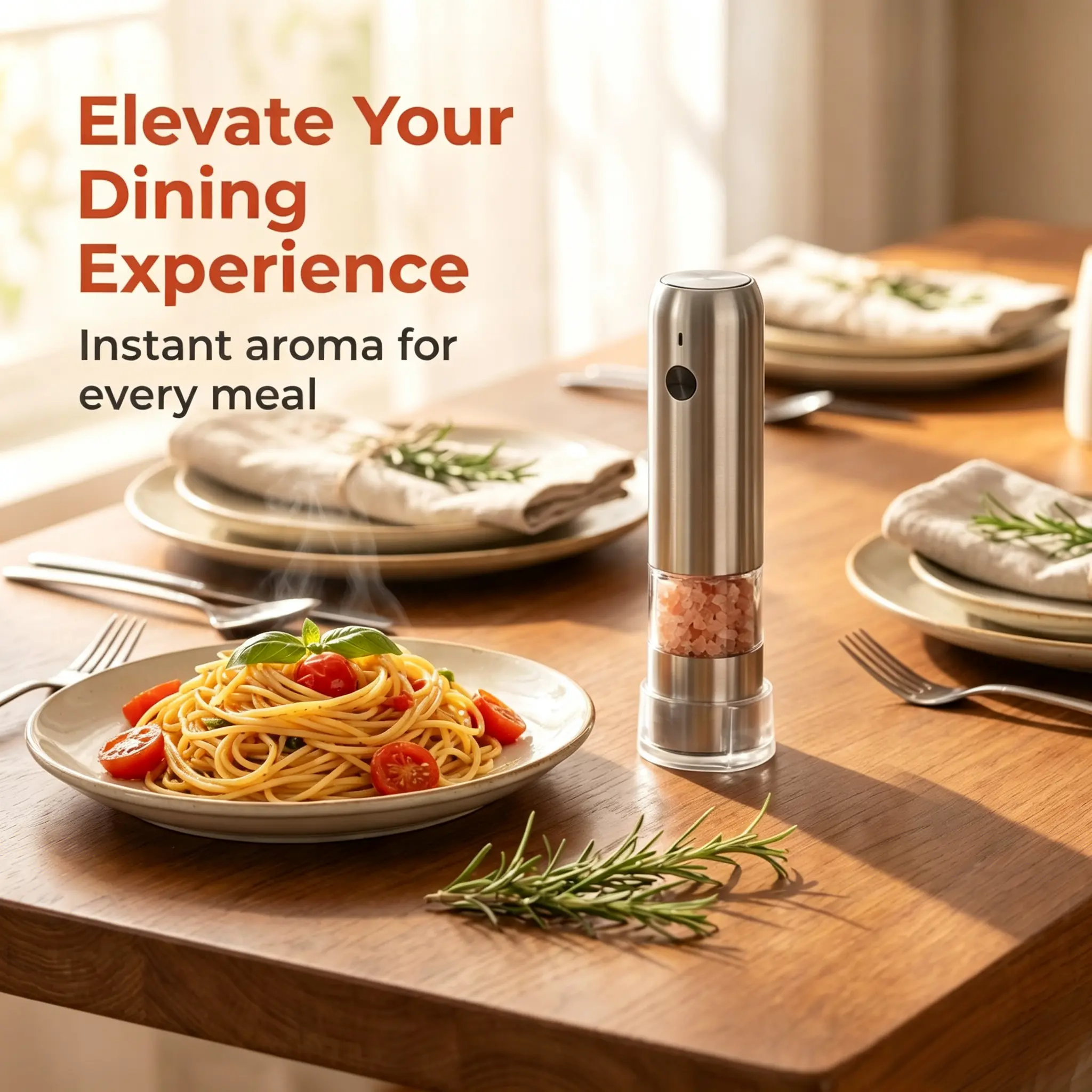 Electric Seasoning Grinder - 1-Touch Cordless Automatic Grind Kitchen Gadgets, Stainless Steel Adjustable Transparent Mill with LED Light, Battery-Operated Ergonomic Grip Seasoning Accessory for Dining Table, Outdoor Barbecue, Compact