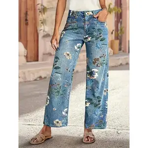 Women's large stretch retro high waisted round neck denim pants with bright floral print - casual retro street pants, machine washable denim, side pocketsRAIMENTRY