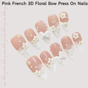 【Lucy UU】3D Cherry Blossom Press On Nails Pink Cat Eye Nails with Silver Glitter & Gold Branch Design, Handmade Long Manicure Tips