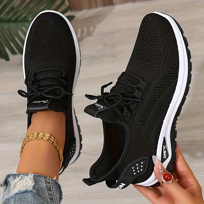 Women's Low Top Round Toe Knit Fabric Sneakers, Lightweight and Breathable Shoes for Casual Wear