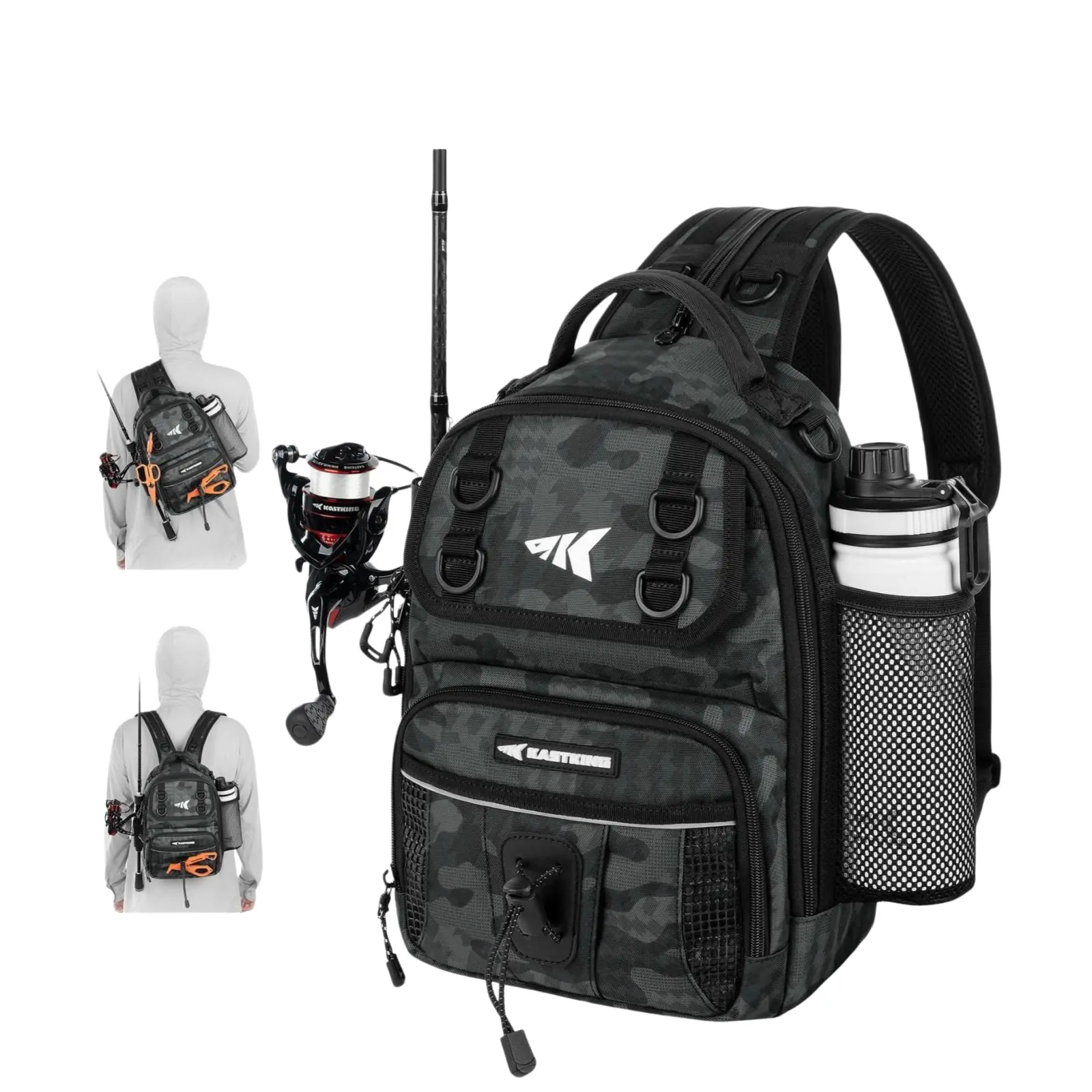 KastKing BaitSpace Fishing Sling Bag, Water-resistant Fishing Backpack with Rod & Beverage Holder, Adjustable Straps, Tackle Storage Bag for Fishing Gear and Equipment SummerVibes