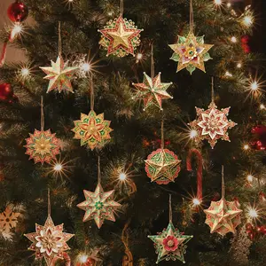 24pcs Wooden Christmas Tree Decorations Snowflake Star Ornaments Set, Christmas Star Pendants, Retro Patterned Hanging Decor, Festive Party Supplies, The Best Gifts for Christmas, Perfect for Thanksgiving, Easter, Room Decor