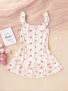 Women's Ditsy Floral Print Bow Decor Nightdress, Elegant Comfy Nightgown for All Seasons, Ladies Sleepwear for Daily Wear