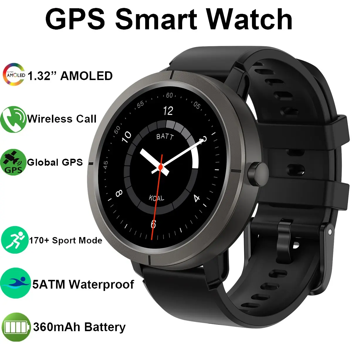 outdoor sports smartwatch, Touch screen smartwatch, with 5ATM waterproof rating, built in GPS for precise positioning, with 1.32-inch AMOLED HD screen, compatible with Android and iOS systems, supports wireless calling, features multiple workout modes