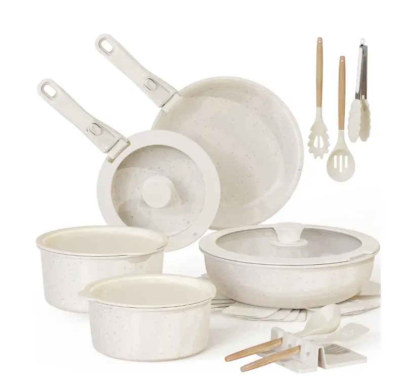 Astercook 20-Piece Pots and Pans Set, Ceramic Nonstick Cookware Set with Detachable Handles, Stackable Induction Cooking Set for Kitchen, RV and Camping, Dishwasher & Oven Safe, Cream White