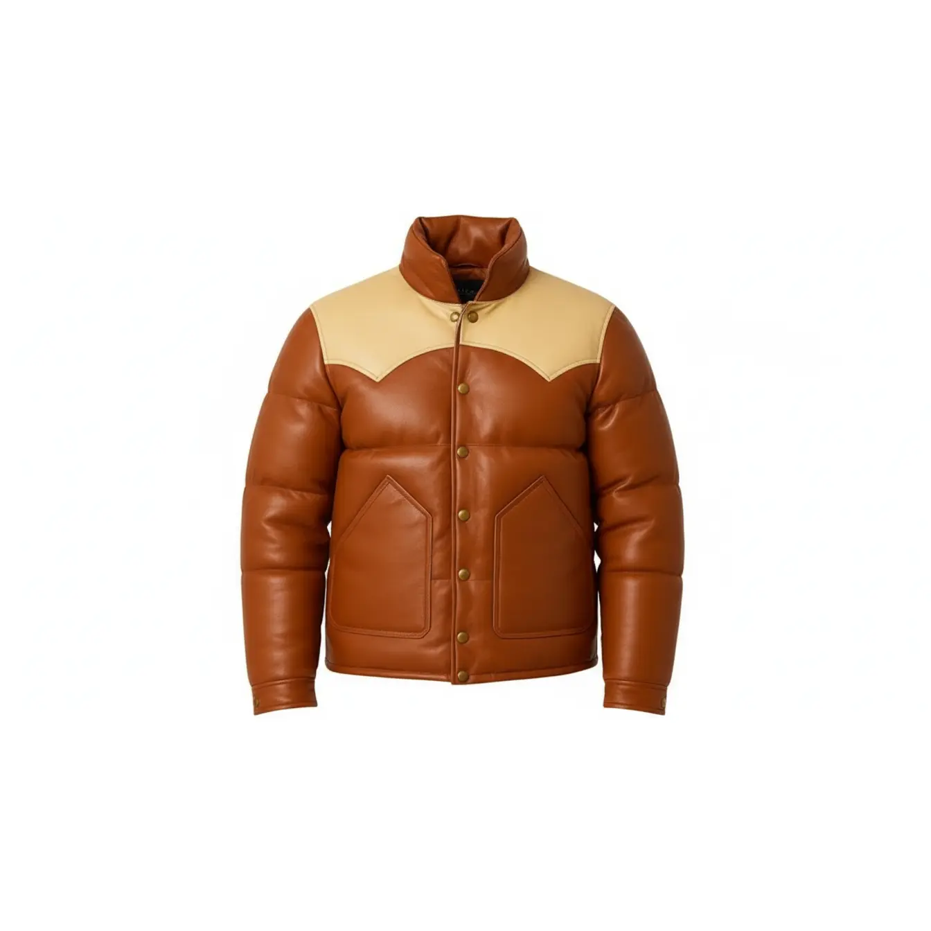 Men’s Brown Genuine Leather Puffer Jacket Quilted Winter Snap Button Coat