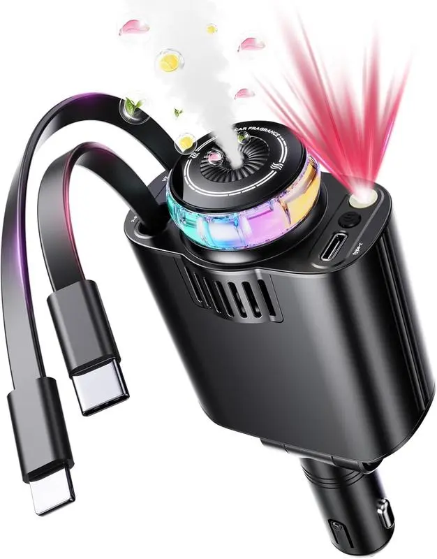 Starlight Retractable Car Charger with Car Aromatherapy Essential Oil  Diffuser, Starlight in Car Roof 5-in-1 Fast Charging, 2 Retractable Cables  and USB‑C Car Charger Adapter, Compatible with iPhone 17
