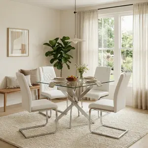 5-Piece Modern Dining Set with Tempered Glass Table & 4 PU Chairs
