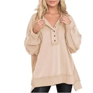 Blackl Casual Long Sleeve Chic Comfy Sweatshirt with Button-Down V Neck Henley Style Super Soft Polyester Top for Women Fall Fashion Minimalist Patchwork Design