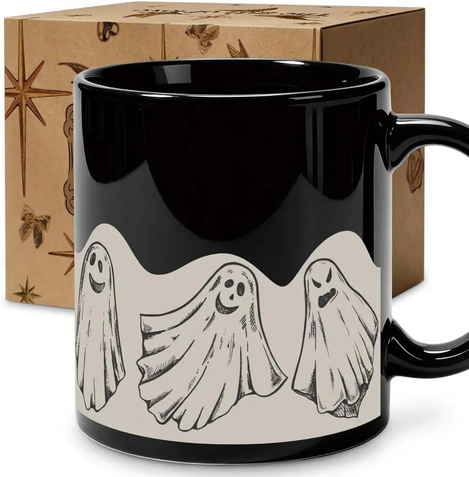 Funny Halloween Ghost Mug 11oz, Cute Black Ceramic Tea Coffee Cup Gift | Hallowen Ghost Gifts for Women Friend Coworker, 11oz Capacity, Mug with Handler for Office Home Decoration