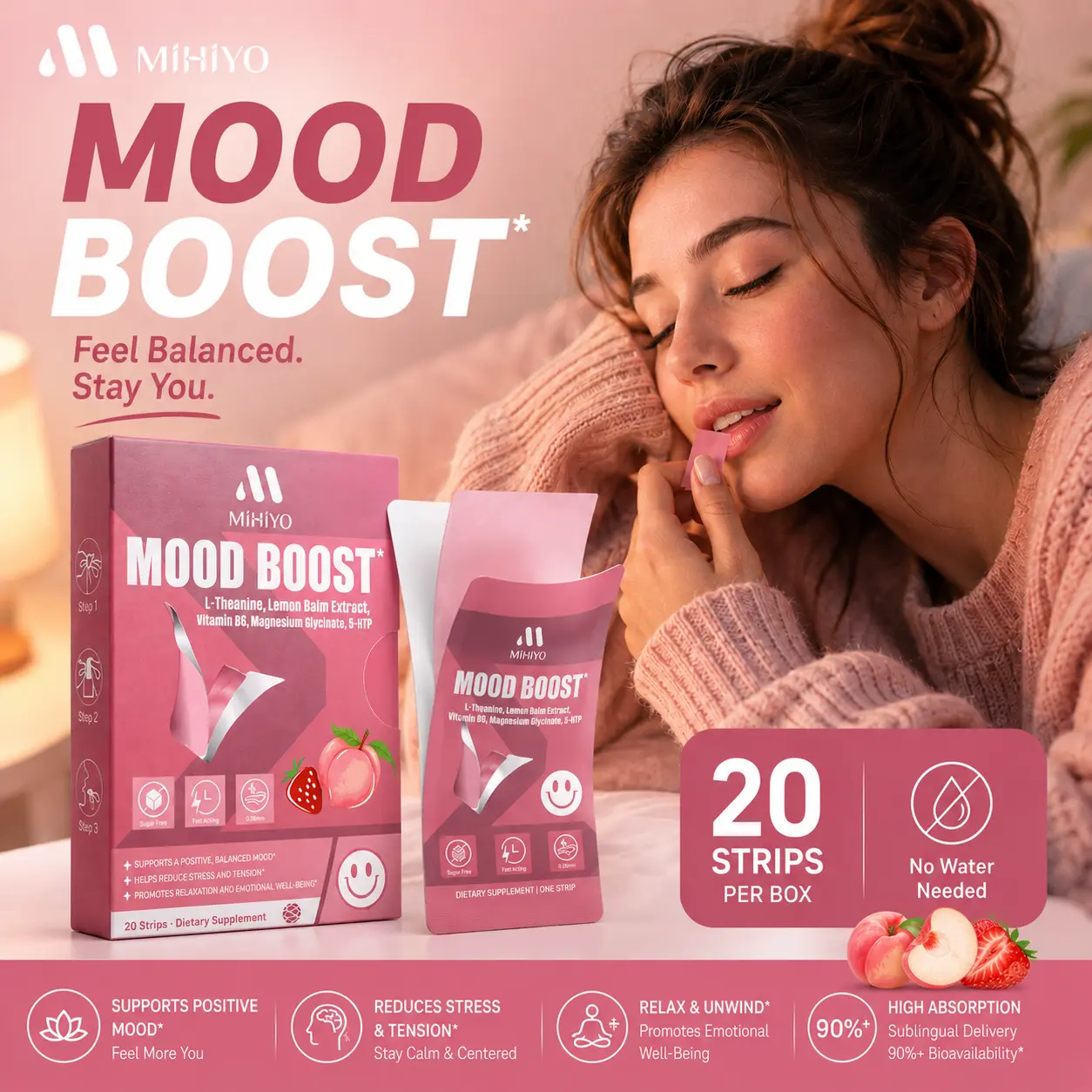 MIHIYO Mood Boost Oral Strips - Fast-Acting Stress Relief Dietary Supplement for Adults with 5-HTP, L-Theanine, Lemon Balm - Natural Strawberry Peach Flavor, Sugar-Free, Dairy-Free, 20 Strips, 24-Month Shelf Life, Boxed, Natural Wellness Boost