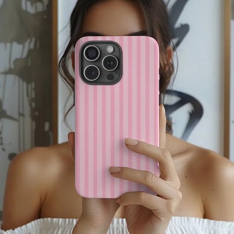 light pink striped Phone Case |         pink striped Aesthetic Phone Cover  -Durable, Shock Absorbing and Stylish Protection -Compatible with iPhone 17,16, 15, 14, 13, 12, 11, Plus, Pro,Pro Max, Perfect birthday gift for friends.