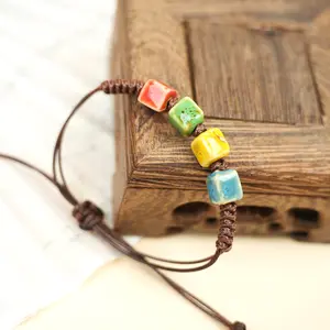LUMAWU Multicolor Glaze Ceramic Square Bead Bracelet | Cube Styling & Adjustable String