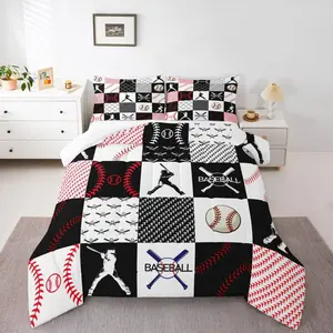 Baseball Designer Comforter Set,Sports Game Comforter,Baseball Gaming Luxury Bedding Set,Red White Black Plaid Duvet Set,Room Decorations Quilt Set