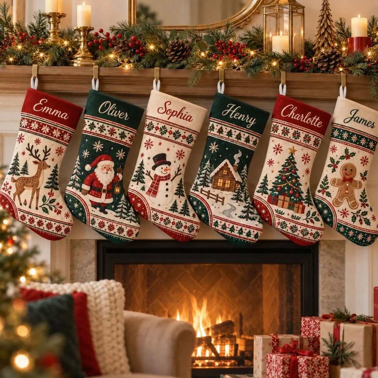 Personalized Christmas Stocking with Name, Custom Family Xmas Stocking, Santa Reindeer Snowman Holiday Mantel Decor, Christmas Keepsake Gift