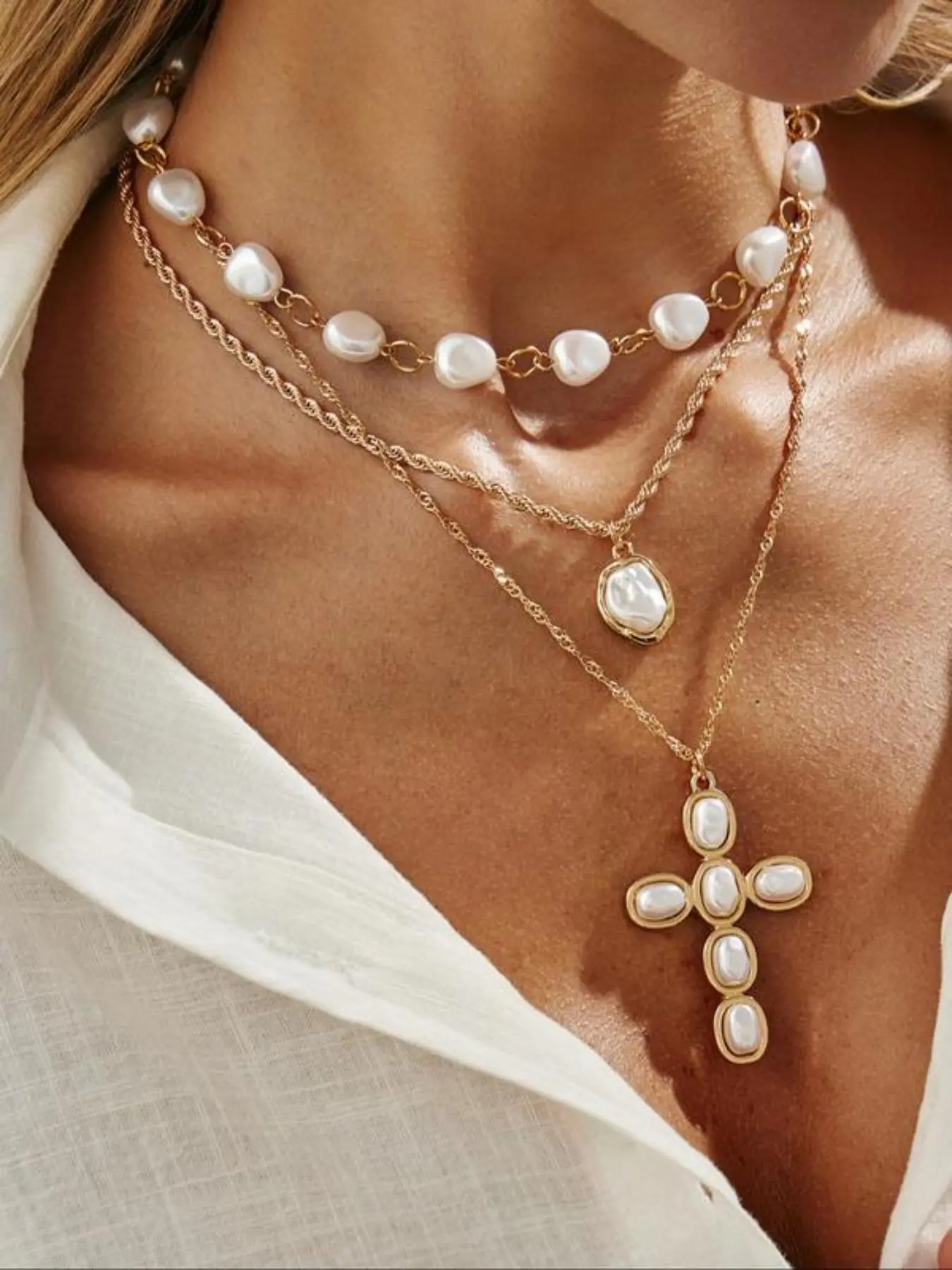 Women's Baroque Imitation Pearl Necklace Set, Vintage Cross Pendant Alloy Jewelry, All-Season Elegant Accessory, Accessories Set, Alloy Material, Costume Necklaces