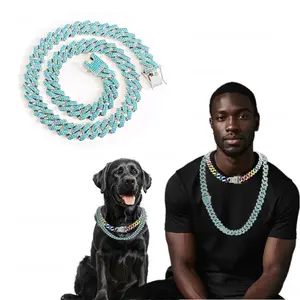 Trending 14mm Blue Diamond Dog Collar | Cuban Link Chain Dog accessories with Sapphire Bling  | Thick Metal Leash for #DoggieBaddies  Waterproof & Hypoallergenic!  Paw-some Street Style for Small/XLarge Pups | Durable Reflective Harness