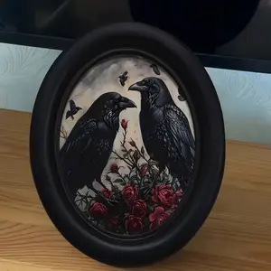 1count, Two Crows on Rose Artistic Vintage Animal Wall Art - Wooden Decorative Signage (6.8x8.7inch), Oval Animal Landscape Art, Oval Wall Decoration, Fram decoration, Halloween, Christmas, Thanksgiving Decoration, Indoor Decoration