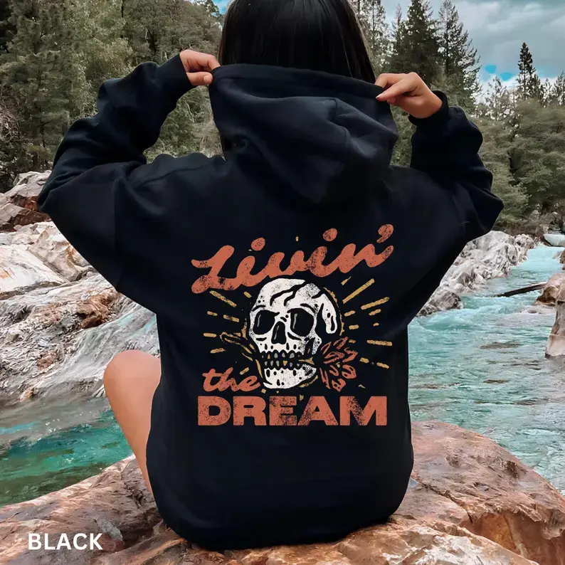 Livin' My Ideal Life Hoodie, Vintage Distressed Skull Graphic Shirt, Oversized Retro Grunge Sweatshirt, Trendy Indie‑Boho Casual Hoodie