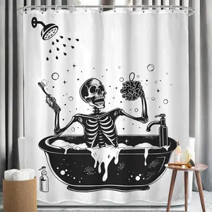 Funny Skull Skeleton Halloween Shower Curtain, Black White Bathing in Bathtub Spooky Cool Bath Accessories for Men, Art Home Decor Fabric Pack Hooks