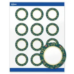 Avery® Printable Christmas Labels with Sure Feed® Technology, Round, 2" Diameter, Pre-Printed Teal & Metallic Gold Border with Holly Design, Glossy White, Laser & Inkjet Compatible, 120 Total