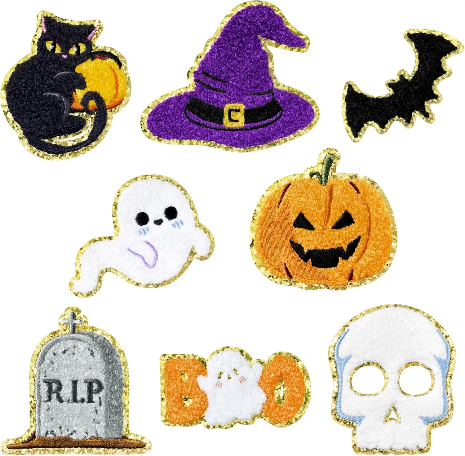 8 Pcs Halloween Chenille Patches Cute Glitter Pumpkin Ghost Boo Skull Witch Bat Sew Iron on Repair Embroidered Applique DIY Crafts Decorative Collection Gifts for Clothing Jacket Backpack Hat